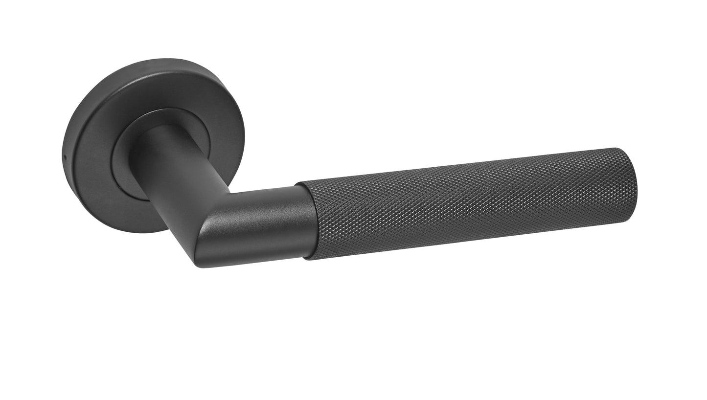 Sonnato Milan Matt Black Knurled Lever On Rose C/W Escutcheon