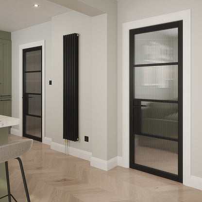 PORTLAND 4 LITE REEDED GLAZED BLACK PRIMED DOOR