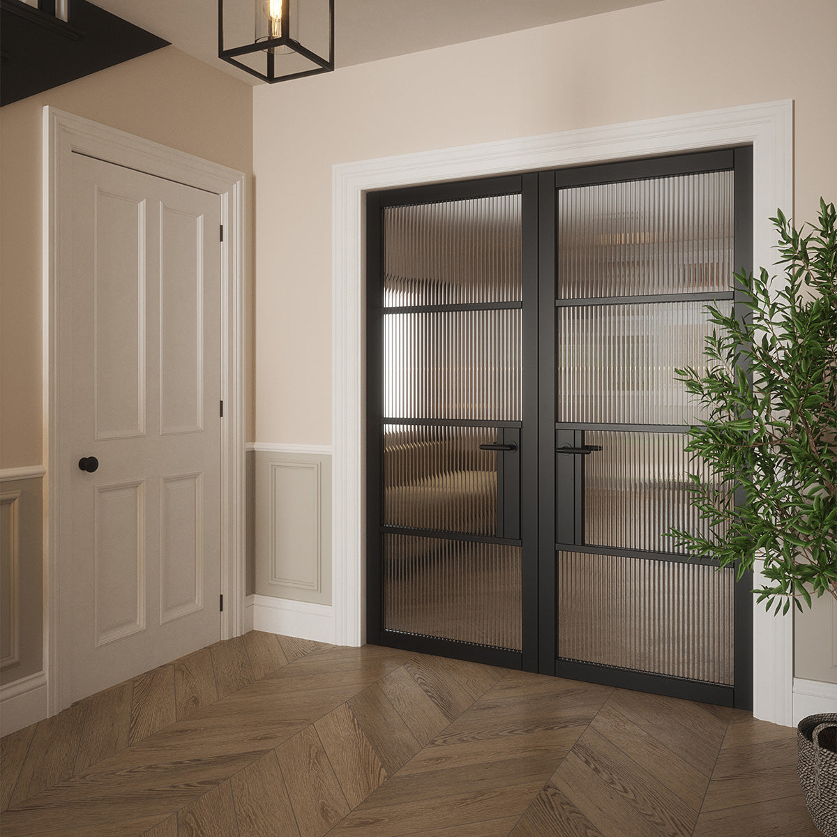 PORTLAND 4 LITE REEDED GLAZED BLACK PRIMED DOOR