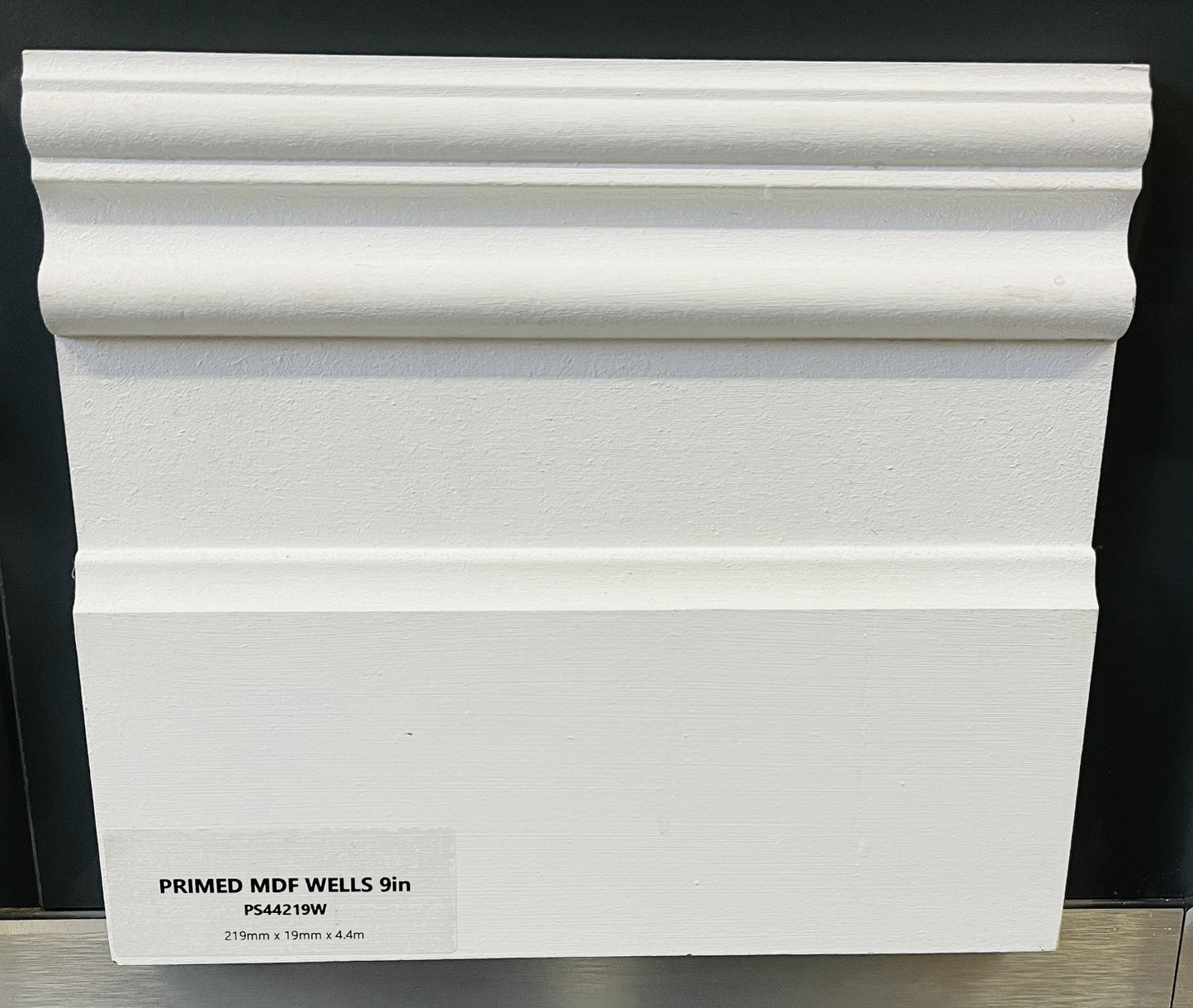 Primed M.D.F.  9" Wells- Skirting 219mm  X 4.4mt